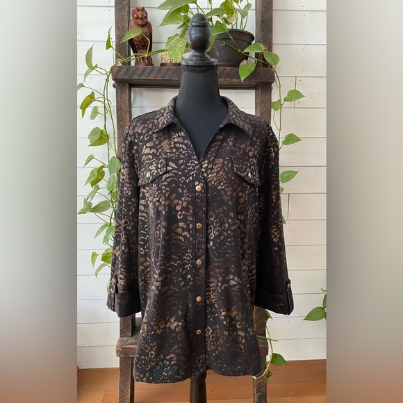 JM Collection: Black and Brown Animal Print  Jacket with Cuffed Sleeves - Picture 14 of 17